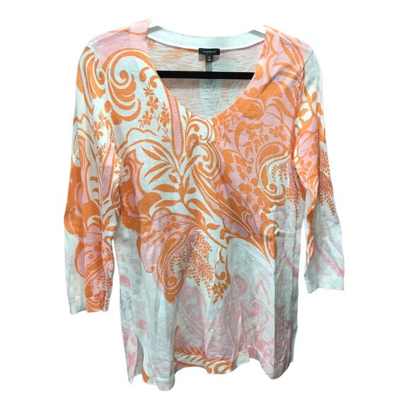 Talbots Womens Light Weight Sweater Orange white V Neck 3/4 length sleeves‎ - Picture 1 of 4